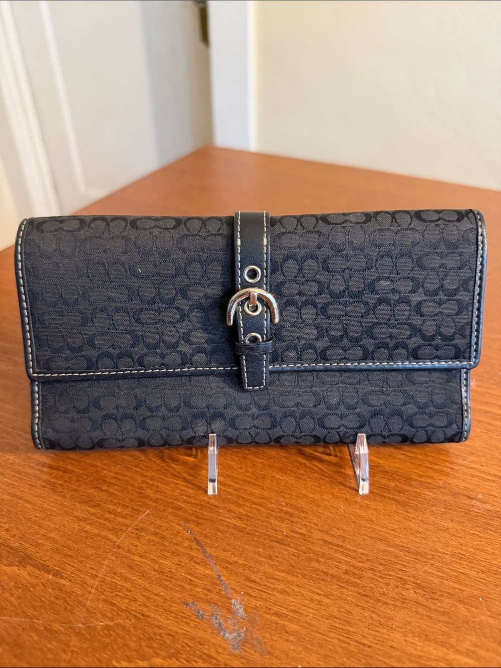 Coach Black Signature Canvas Wallet Clutch with Buckle Detail